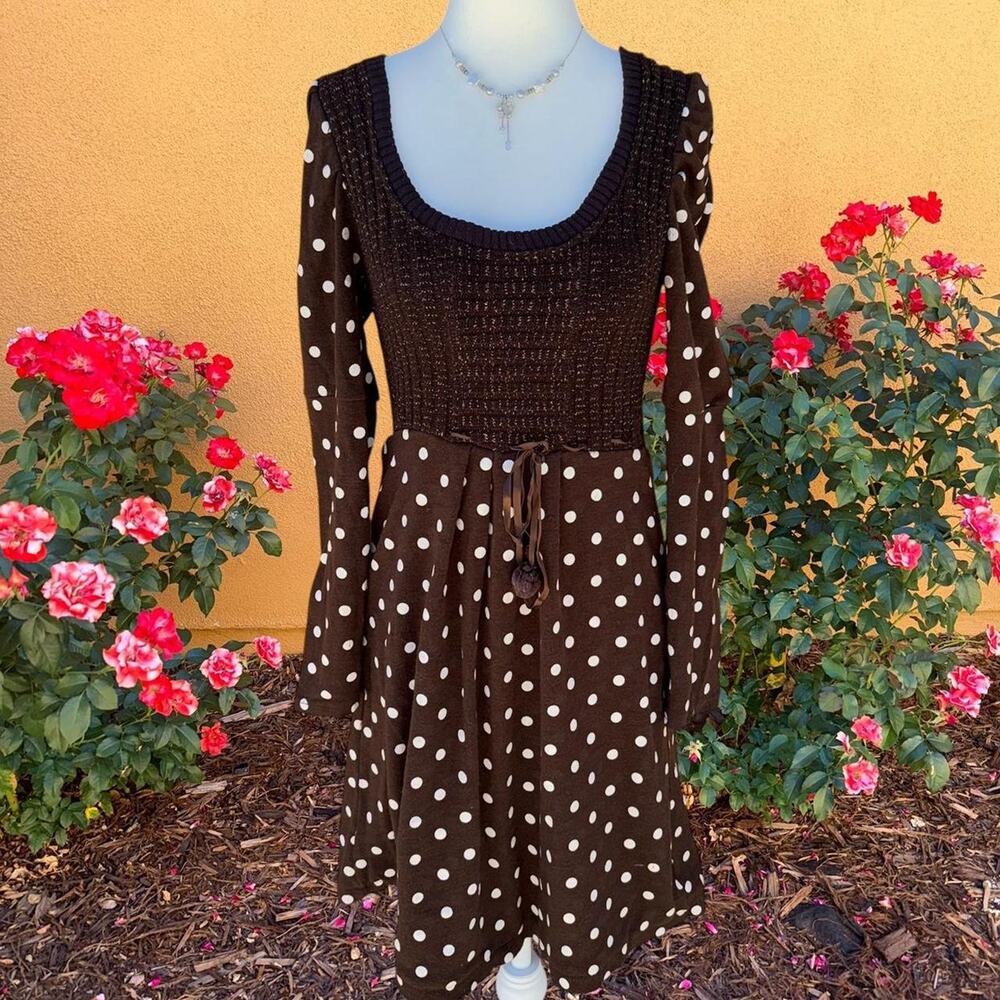 Brown and white polka dot sweater dress